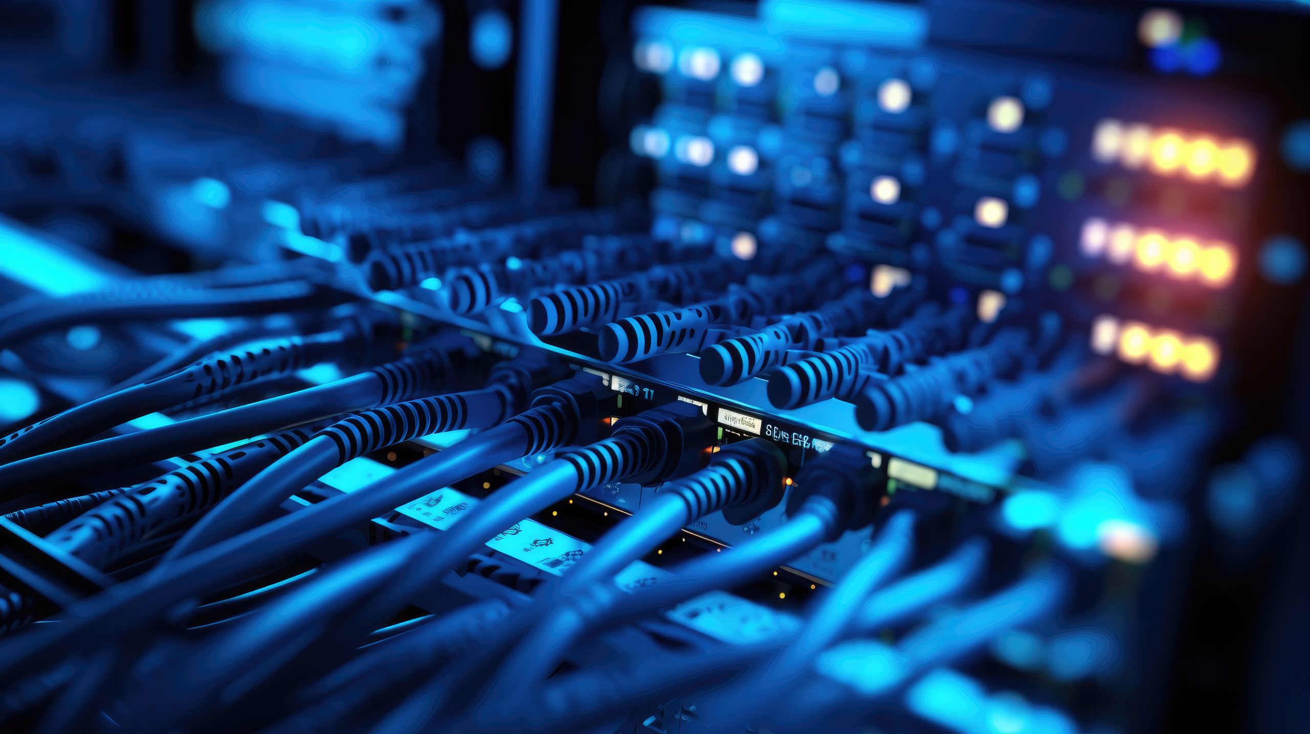 Power Company Ransomware Crisis Communication Strategy. Close-up shot of networking cable management located in the server room.